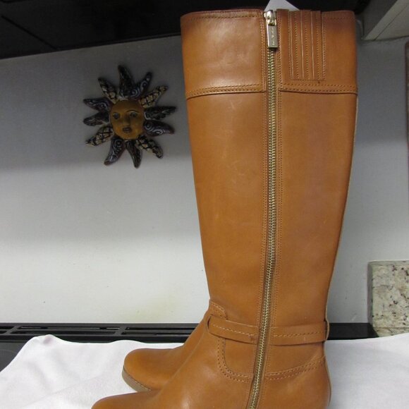 MICHAEL KORS Stockard Cognac Leather Tall Riding Boot Gold MK Sz 5.5 - Picture 6 of 16